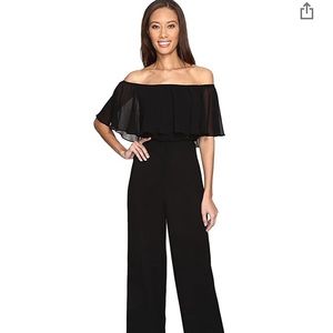 Donna Morgan Chiffon Off Shoulder Black Jumpsuit 6